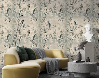 ベージュ シノワズリ 鳥の壁紙 ヴィンテージ オリエンタル壁紙 花柄