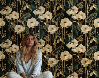Botanical Hummingbird Wallpaper: Art Deco Peel and Stick Mural