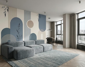 Carta da parati geometrica blu Japandi: murale astratto moderno – WR137