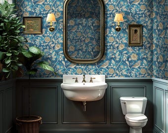 Blue Bird Wallpaper: Chinoiserie Floral for Bathroom, Powder Room - MB09