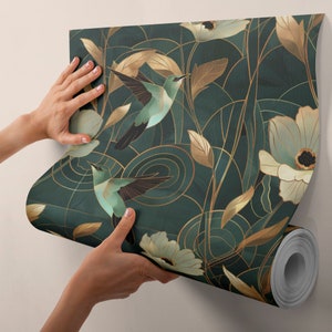 Dunkles botanisches Kolibri Wandbild, skurrile Vogelakzent-Tapete, Art-Deco-Wanddekor zum Abziehen und Aufkleben DB14