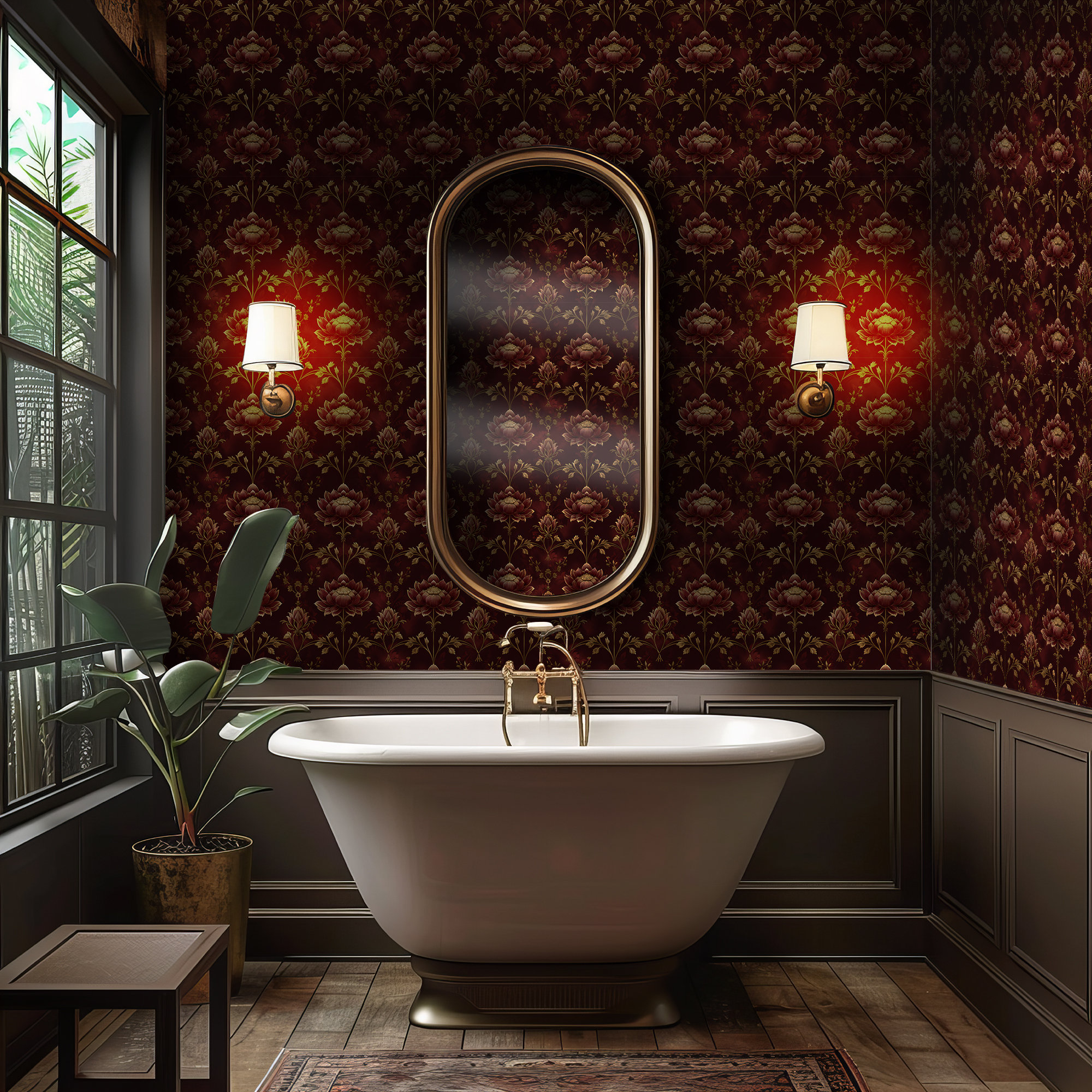 Vintage Mural Wallpaper, Red Peel and Stick Wallpaper, Burgundy Wall Panels, Vintage Wall Murals BE03