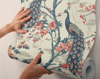 Chinoiserie Peacock Wallpaper: Vintage Japanese Floral Wall Mural