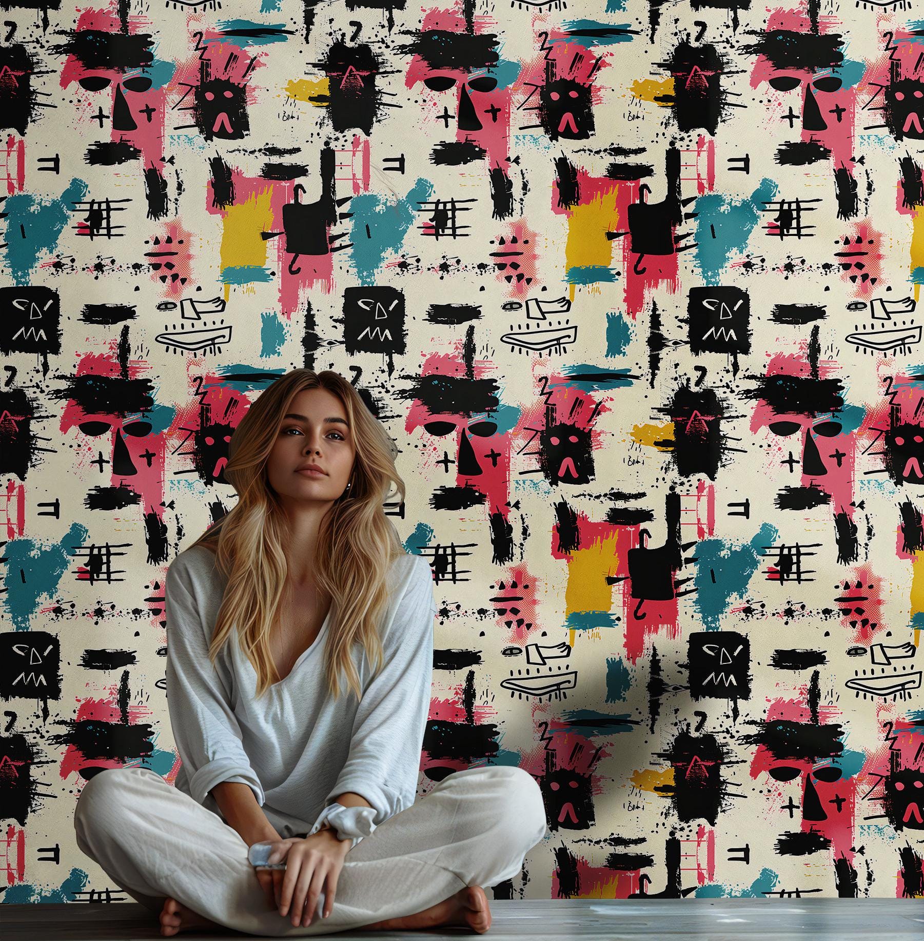 Pink and Black Basquiat Print Wallpaper Abstract Moody Wallpaper Basquiat Designer Wall Art Trendy Wallpaper BM15