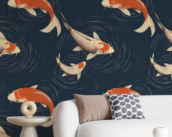 Navy Blue Chinoiserie Koi Fish Wall Art Decorative Asian Wallpaper Moody Japanese Wallpaper Japandi Wall Art ZG07