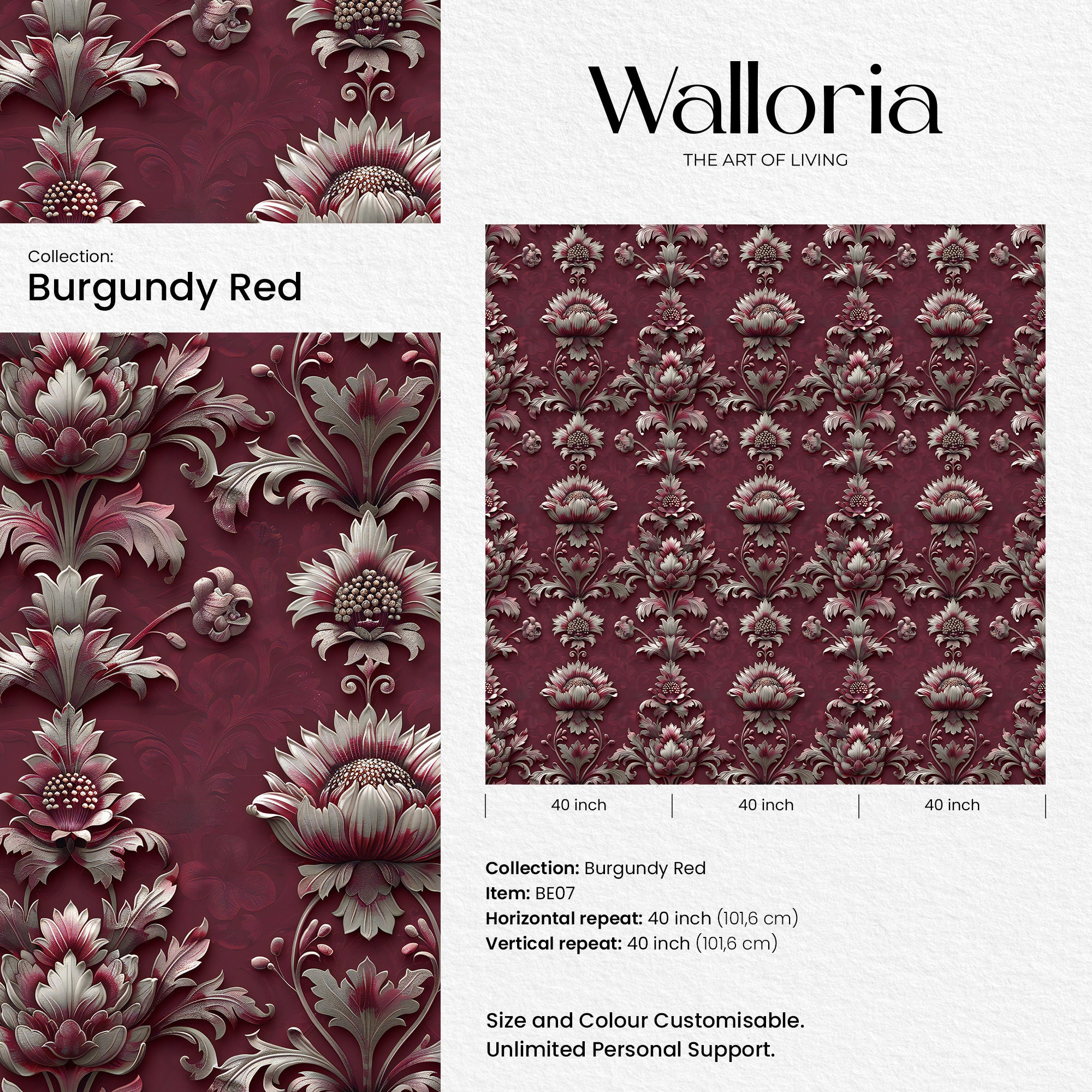 Vintage Floral Wall Mural, Red Burgundy Peel and Stick Wallpaper, Dark ...