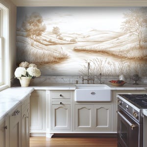 Floral Mural, Bohemian Scenic Wallpaper for Kitchen Walls, Eclectic Vintage Wall Decor for Farmhouse RO56