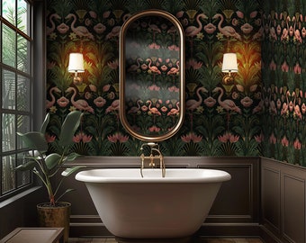 Dark Floral Flamingo Wallpaper: Vintage Art Deco Botanical Mural