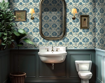 Blue Damask Wallpaper: Vintage Ornamental Pattern for Bathroom, Powder Room, Entryway - VN09