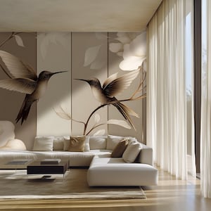 May include: A contemporary living room featuring a white corner sofa, a dark wood coffee table, and sheer white curtains. The wall is adorned with a mural of two hummingbirds in brown and beige tones, with wings spread wide.