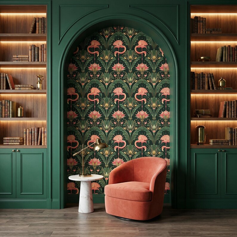 Dark Floral Flamingo Wallpaper: Art Deco Botanical Mural - DB09 image 5