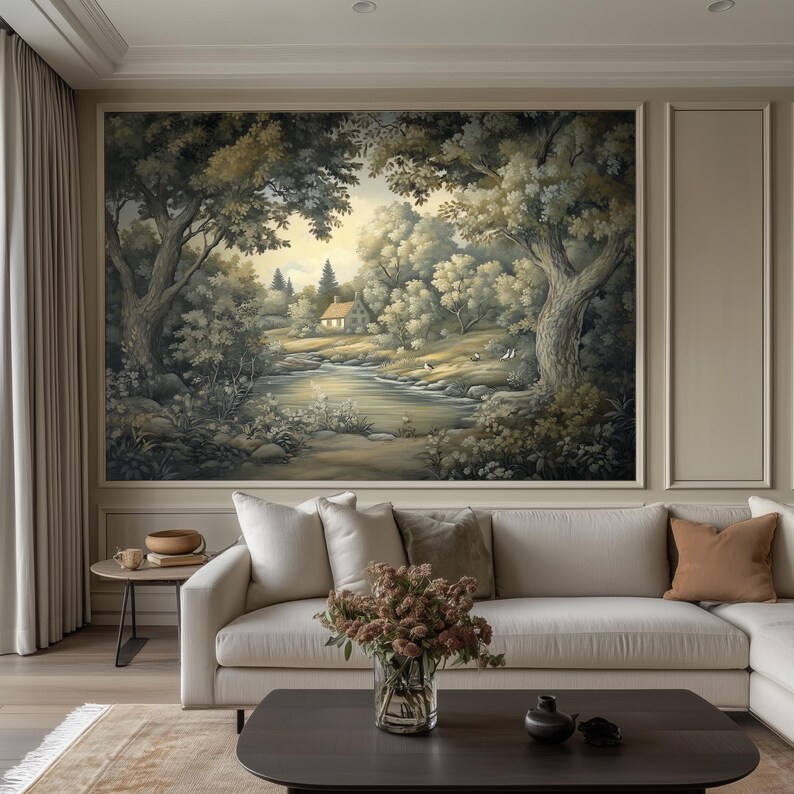 Vintage Pastoral Wallpaper Mural, Customizable Removable Landscape ...