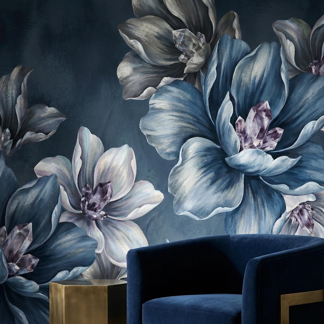 Blue Crystal Floral Wall Mural: Moody Botanical Mural for Living Room ...