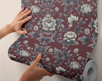 Papel pintado vintage autoadhesivo con diseño floral burdeos: arte de pared extraíble