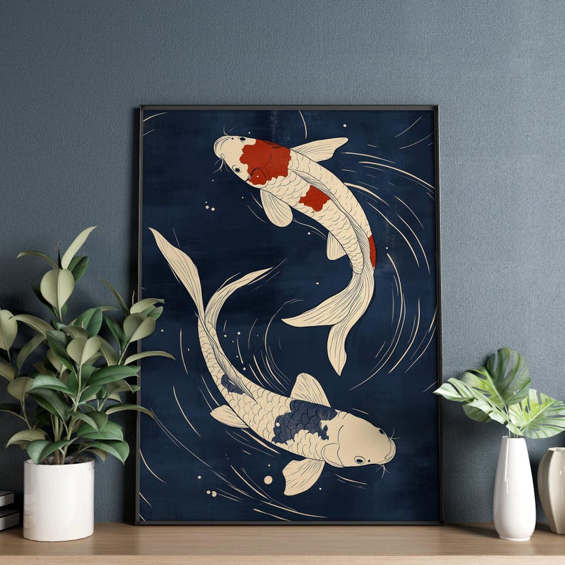 Chinoiserie Koi Fish Canvas Print: Navy Blue Japanese Wall Art - Etsy