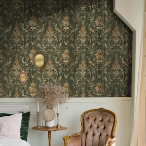 Enhance your home with our Vintage Dark Green Damask Removable Wallpaper. This wallpaper roll features an elegant bohemian damask pattern in rich dark green, ideal for adding a touch of vintage charm to any cottage or farmhouse decor.