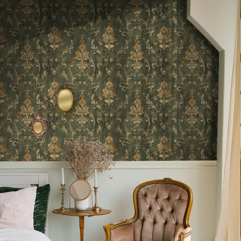 Enhance your home with our Vintage Dark Green Damask Removable Wallpaper. This wallpaper roll features an elegant bohemian damask pattern in rich dark green, ideal for adding a touch of vintage charm to any cottage or farmhouse decor.