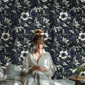 Dark Botanical Peel and Stick Wallpaper, Secret Garden Wildflowers Wall Mural, Moody Accent Wall Decor DF12