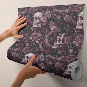 Self-Adhesive Gothic Skull and Floral Mural, Dark Whimsical Wallpaper, Removable Farmhouse Vinyl Wall Art DS05