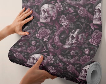 Papel de parede floral com caveira gótica: mural escuro e caprichoso, arte de parede de vinil removível