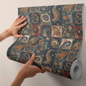 Dark Retro Paisley Patchwork Wallpaper Vintage Art Deco Wallpaper Trendy Botanical Mural BR16
