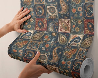Dunkle Retro Paisley Patchwork Tapete Vintage Art Deco Tapete Trendiges Botanisches Wandbild BR16