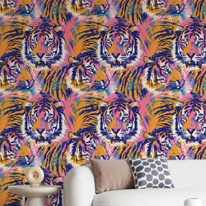 Bunte Tiger Tapete Tropisches Wandbild-Tapete Tiger Botanische Tapete Tier Tapete Maximalist Tapete TE05