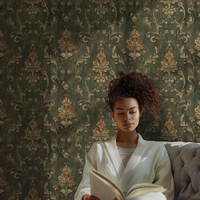 Enhance your home with our Vintage Dark Green Damask Removable Wallpaper. This wallpaper roll features an elegant bohemian damask pattern in rich dark green, ideal for adding a touch of vintage charm to any cottage or farmhouse decor.