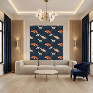 Papel pintado de pez koi azul marino: arte mural japonés estilo chinoiserie