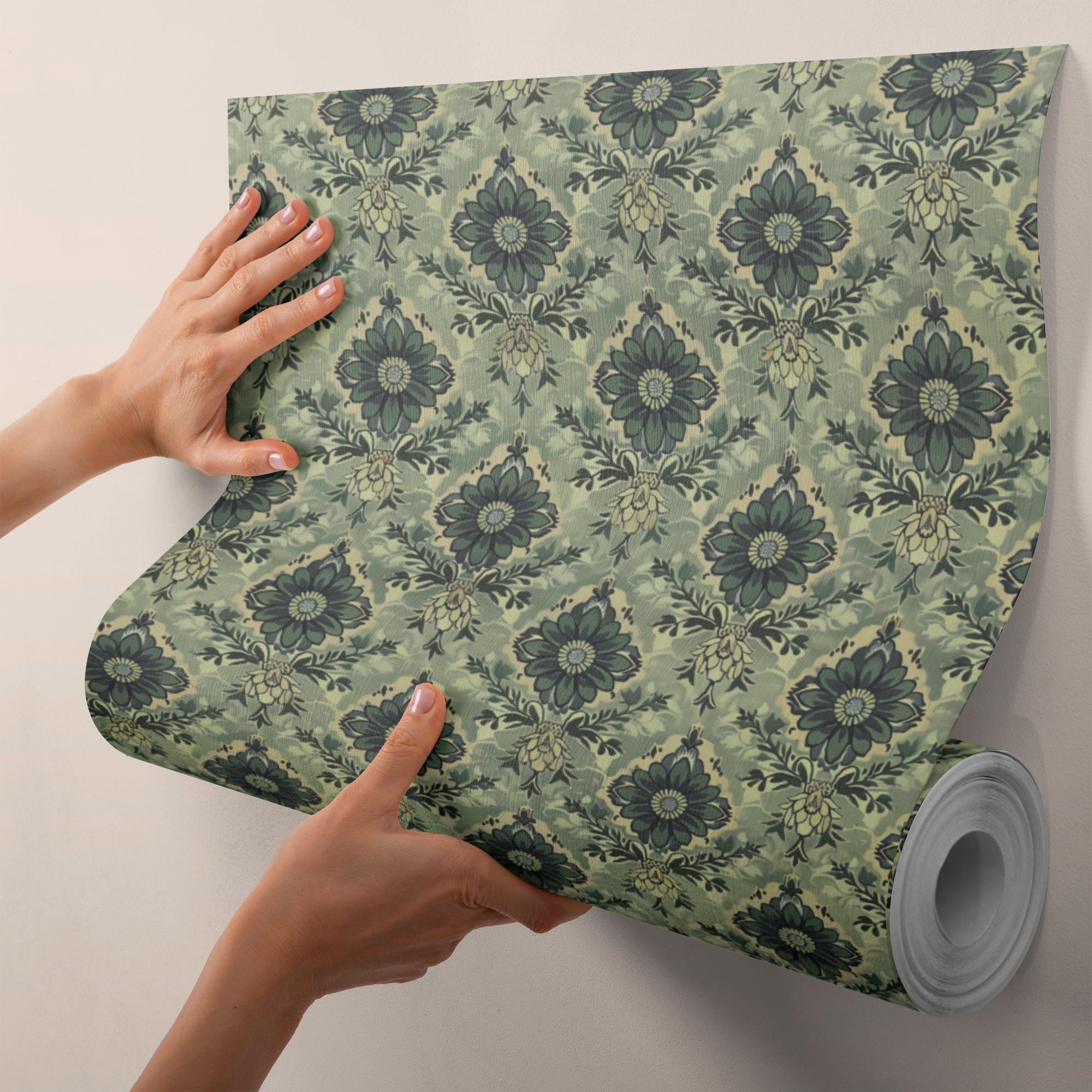 Vintage Green Damask Wallpaper – Elegant Baroque Floral Wall Mural VN26 ...