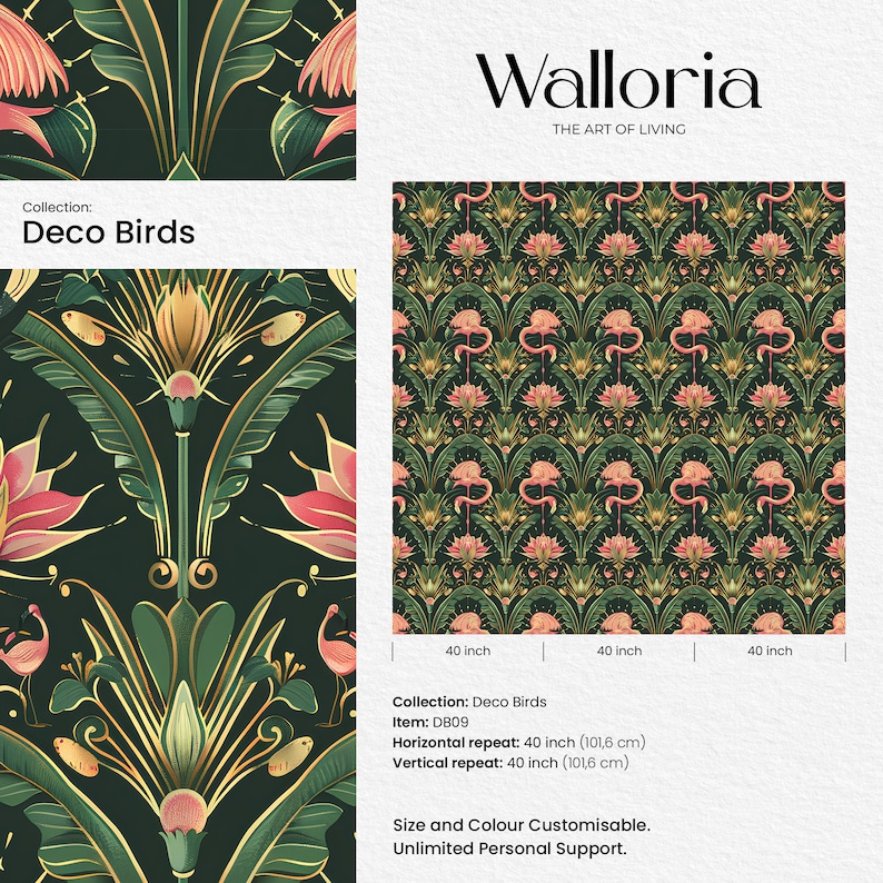 Elegance birds wallpaper designs. Discover elegance with our Art Deco Wall Murals. This collection includes vintage seamless patterns with birds, like this Pink Flamingos  and Flowers. Dark Floral Wallpaper will make your interior Elegance.