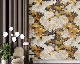 Gold Heron Wallpaper: Crane Removable Wallpaper - BC05