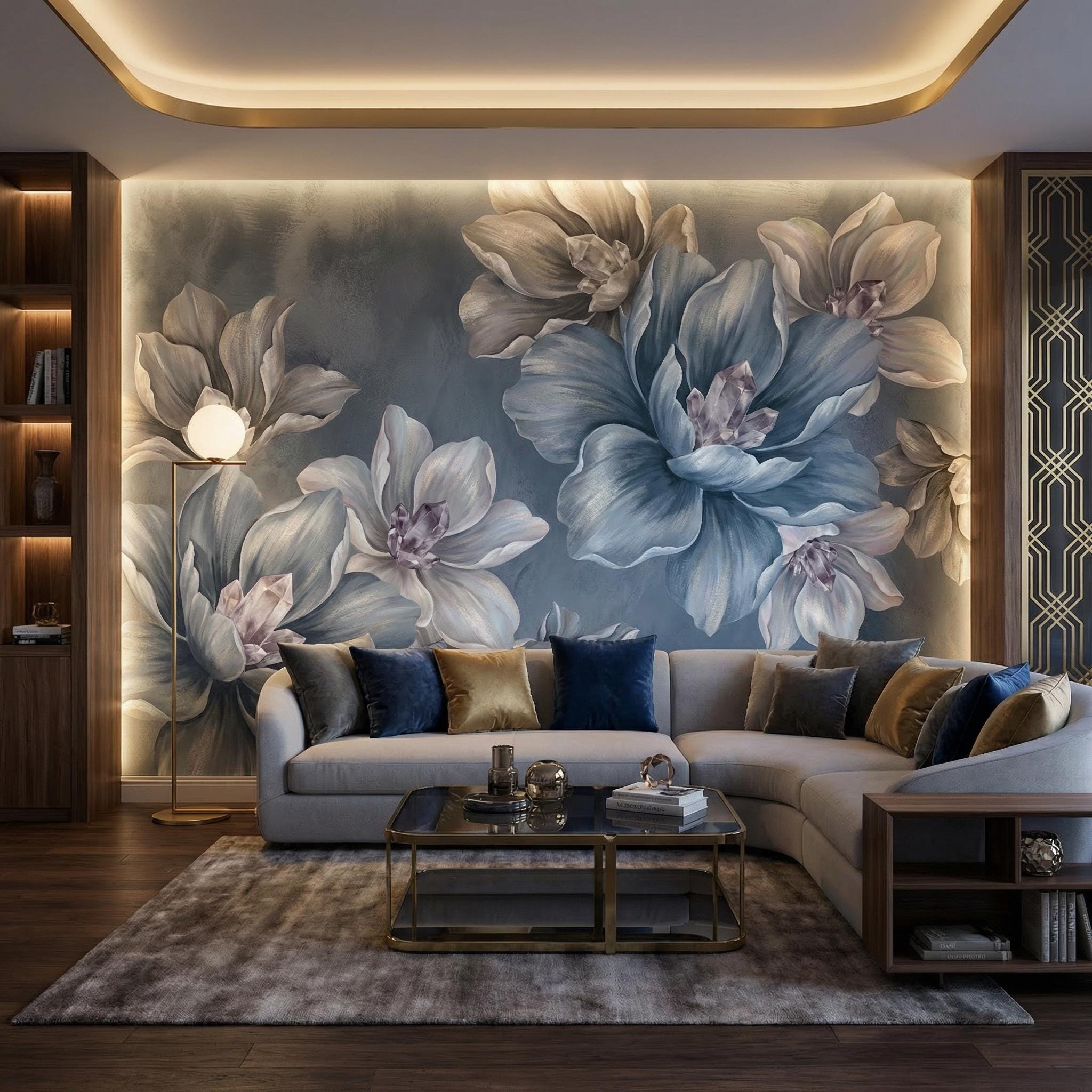 Blue Crystal Floral Wall Mural: Moody Botanical Mural for Living Room ...