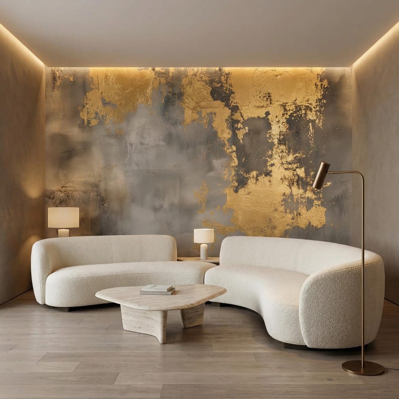 Gold Accent Dark Plaster Wallpaper: Textured Peel and Stick Mural - Etsy