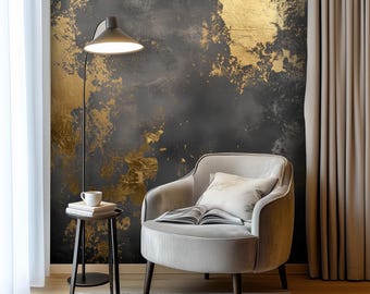 Dark Plaster Texture Wallpaper Mural, Luxury Venetian Plaster Design, Peel and Stick Removable Gold Accent VS82
