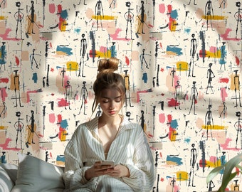 Beige Basquiat Wallpaper Abstract Moody Mural Wallpaper Basquiat Designer Peel and Stick Mural BM39