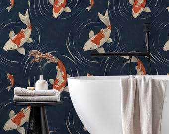 Chinoiserie Mural Wallpaper, Koi Fish Peel and Stick, Dark Blue Japanese Wall Art, Oriental Mural ZG08