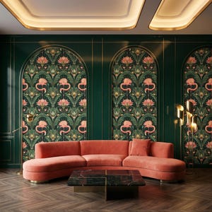 Dark Floral Flamingo Wallpaper: Art Deco Botanical Mural - DB09 image 1