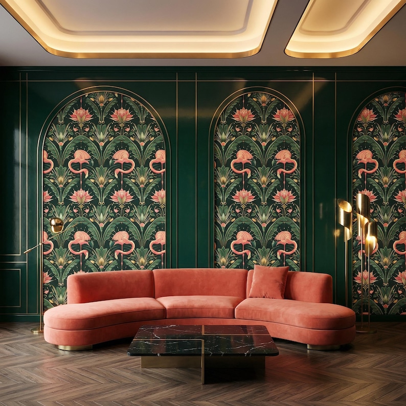 Dark Floral Flamingo Wallpaper: Art Deco Botanical Mural - DB09 image 1