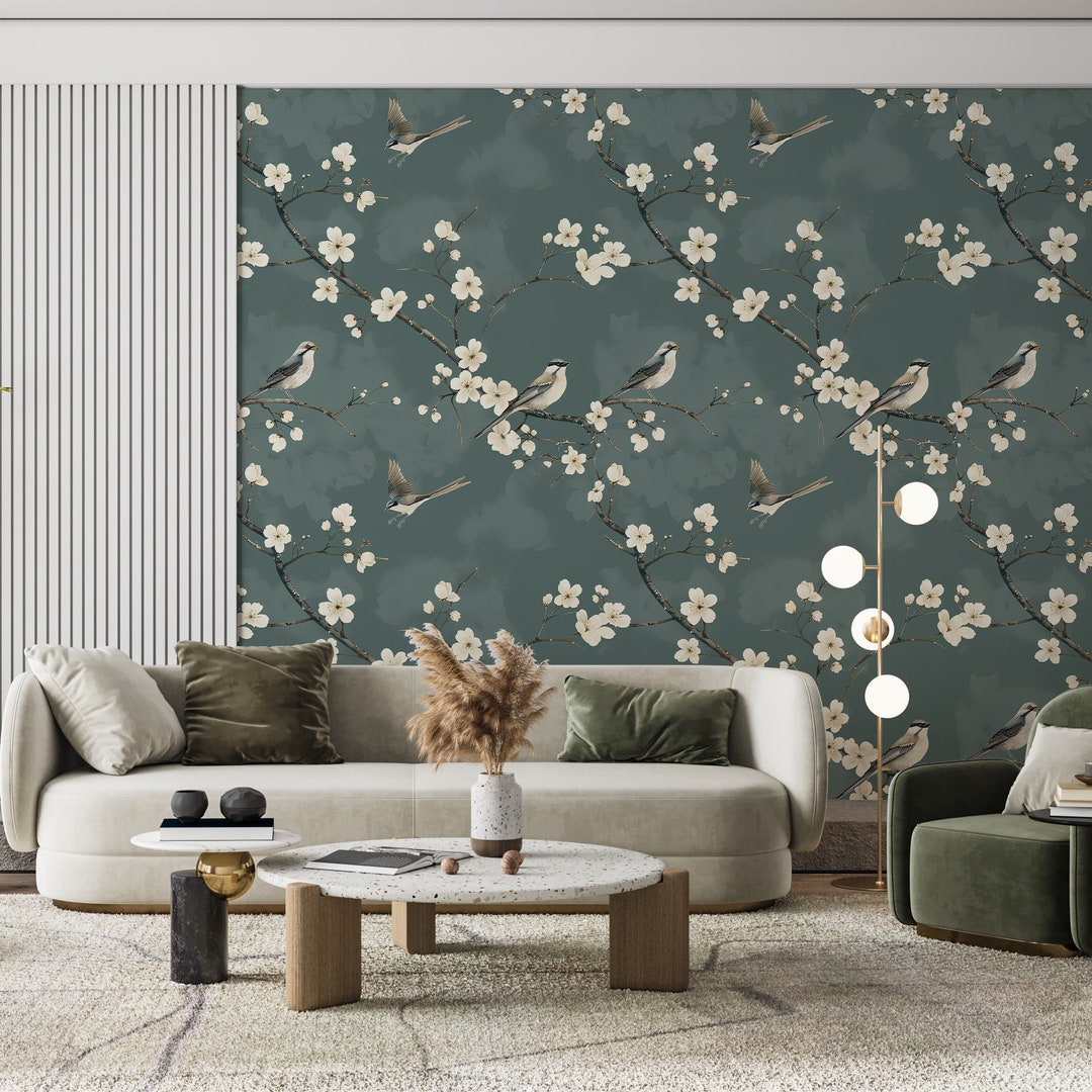 Bird and Blossom Wallpaper: Vintage Floral Peel and Stick Wall Mural ...