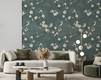 Bird and Blossom Wallpaper: Vintage Floral Peel and Stick Wall Mural - TG13