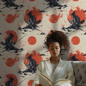 Oriental Wallpaper Vintage Japanese Wallpaper with Samurai Beige Color Chinoiserie Wall Art SD14