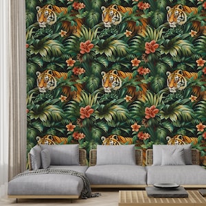 Tiger Peel and Stick Tapete, tropisches Dschungel Wandbild, Abnehmbare Tapete, Blumenwandkunst TE13