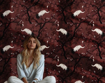 Dark Red Crane Wallpaper: Vintage Chinoiserie Wall Mural