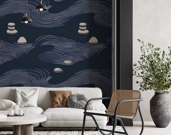 Zen Wave Wallpaper Mural: Navy Blue Japanese Style Wall Art - ZG04