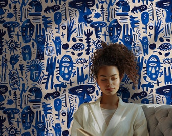 Cobalt Blue Basquiat Print Wallpaper Geometric Moody Wallpaper Basquiat Designer Wall Art Trendy Wallpaper BM24