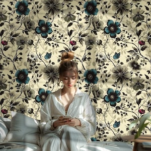Dark Botanical Peel and Stick Wallpaper, Secret Garden Wildflowers Wallpaper, Maximalist Accent Wall Decor DF08