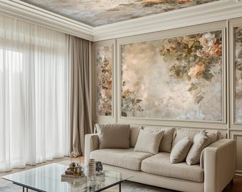 Classic Floral Wall Mural, Removable Venetian Plaster Wallpaper, Vintage Fresco Design for Bathroom Walls VS05
