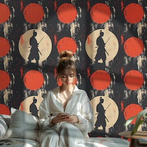 Samurai Warrior Wallpaper – Japanese Sun & Katana Wall Mural in Red and Black SD07