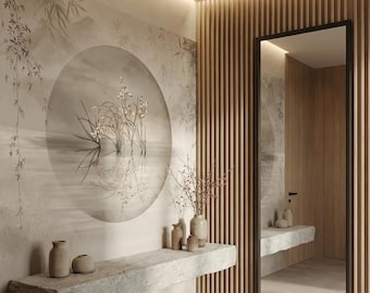 Mural de pared Japandi: Papel pintado botánico zen neutro para la decoración de la entrada – WR125